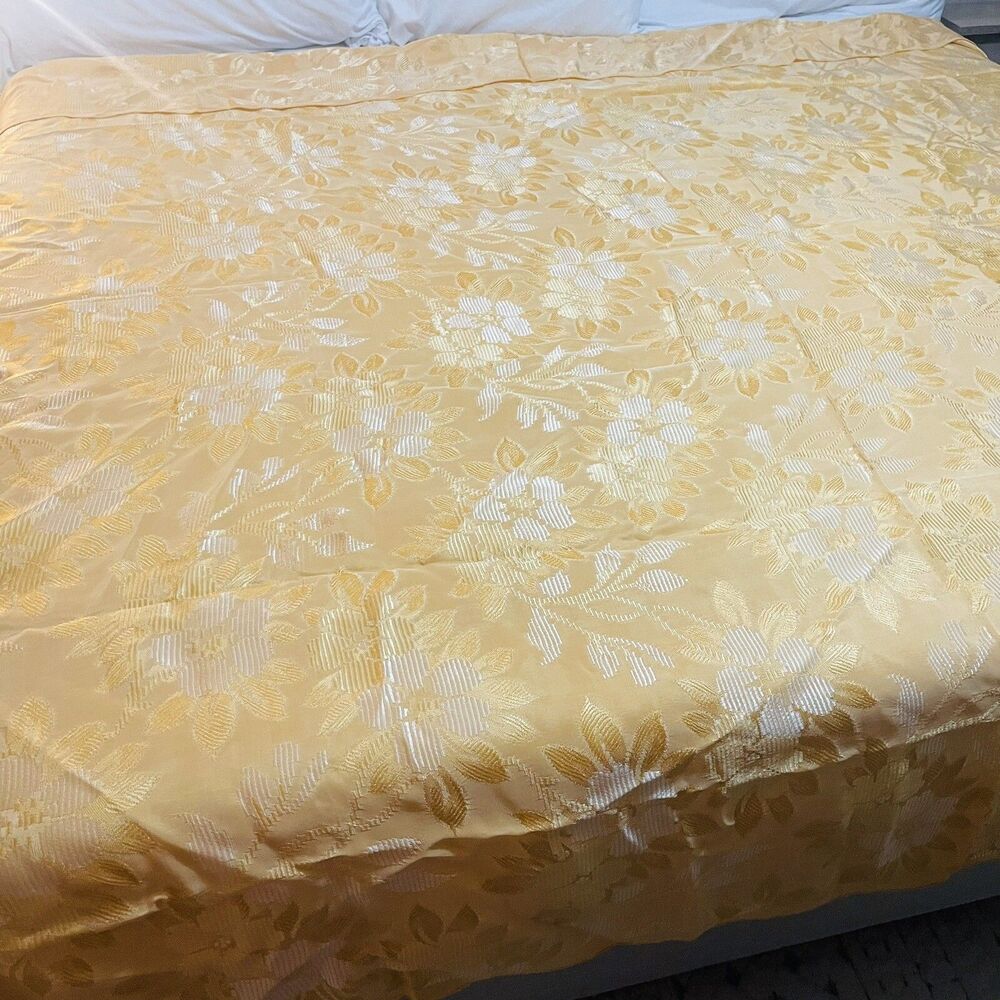 Burlington Mills Satin Bed Cover King Queen yellow gold damask floral 95”x 85”
